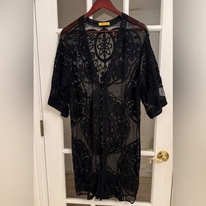 NEGS Women’s Black Sheer Embroidered V-Neck Front Tie Coverup Size M